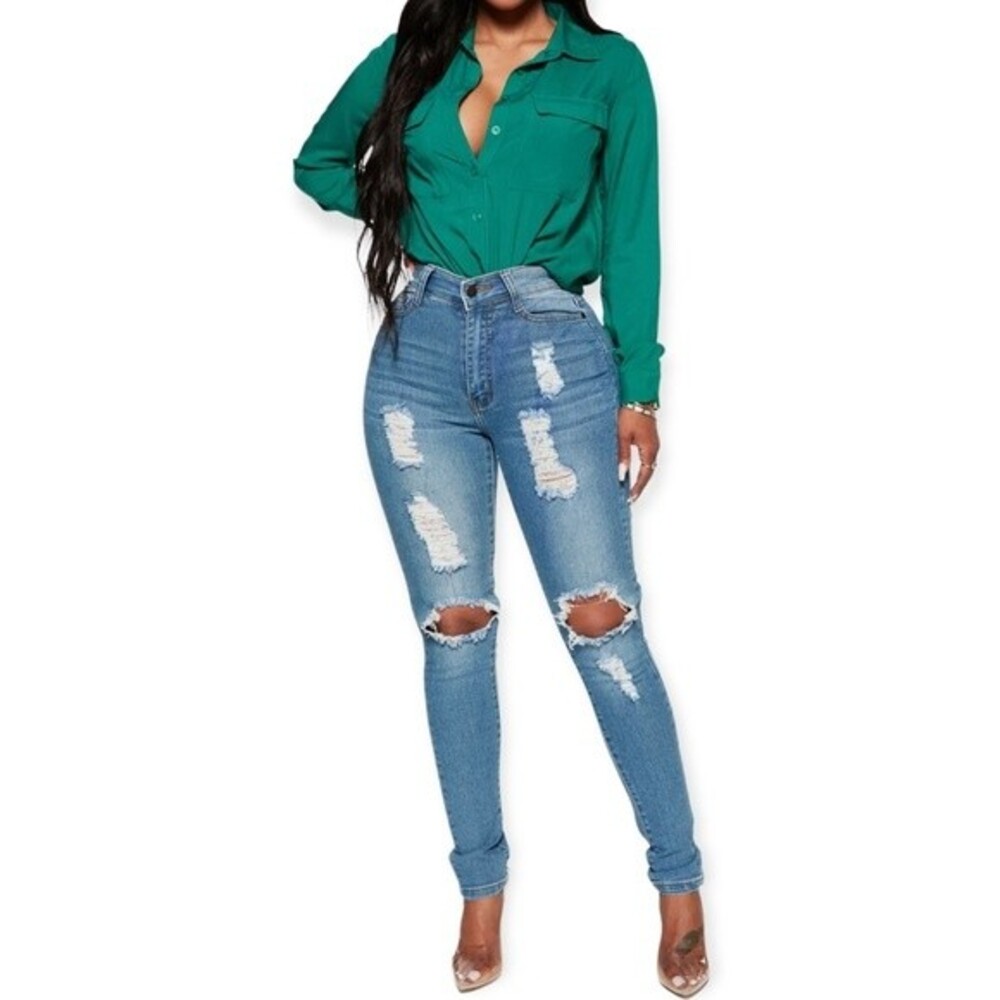 Fashion Nova Say Yes To Distress Medium Wash High Rise Denim Jeans